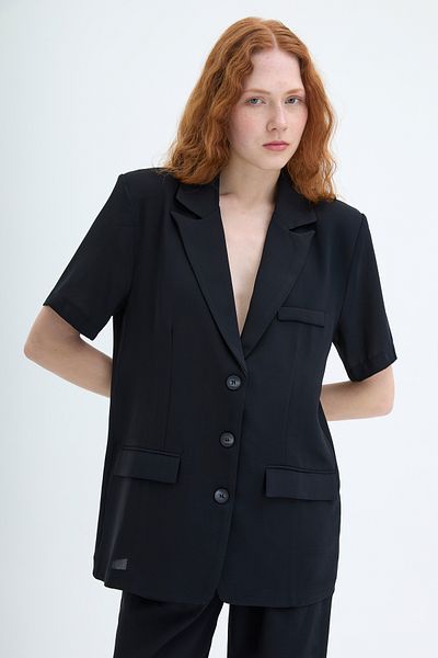 Quzu Double Breasted Lapel Short Sleeve Blazer Jacket Black