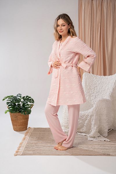 LOHOUSE Women's Powder Special Woven Design Maternity Pregnant Dressing Gown 3-Piece Pajama Set