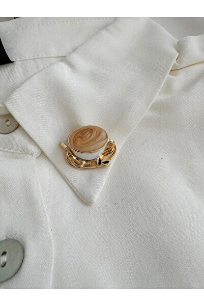 Retrobird Tasarım Latte Renkli Broş Yaka İğnesi Kadın Beyaz-Kahve