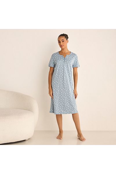FAV Star Print Sleepshirt with Button Closure and Short Sleeves