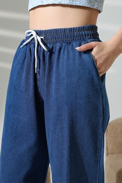 ensade Dark Blue Elastic Waist Wide Leg Women's Trousers