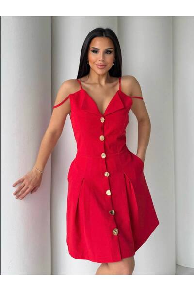 Stil Sepeti Women's Red V-Neck Gold Button Detailed Double Strap Mini Dress