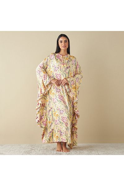 FAV All-Over Floral Print Kaftan Night Gown with Tie-Ups