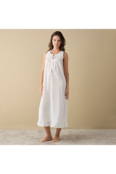 FAV All-Over Embroidered Sleeveless Night Dress with Tie-Ups and Ruffles
