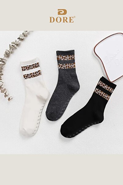 Dore Orijinal Kadın 3 Çift Leopar Desenli Kaymaz Pilates Ve Yoga Kaydırmaz Tabanlı Çorap Siyah Beyaz Gri