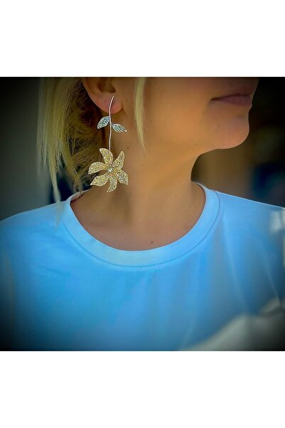 GM TAKI Gold and Silver Color Long Stone Earrings with Sparkling Flower Motif