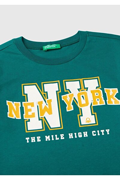 United Colors of Benetton Μπλουζάκι για αγόρι - Πράσινο Πεύκο με μακρυμάνικο λαιμόκοψη