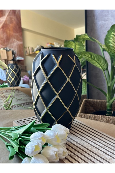 Kalya Concept Dekoratif Siyah Cam Vazo – Ananas Desenli Altın Şeritli (27x15 cm) Büyük Boy | Modern & Lüks Tasarım