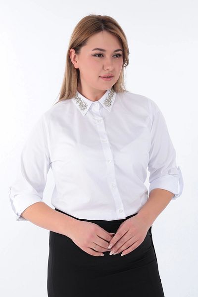 Lady Majestic Cămașă de birou clasică de mărime mare din bumbac cu guler de piatră - 44377
