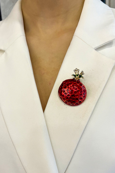 Modex Taş Detaylı Mineli Kırmızı Nar Broş (4cm)