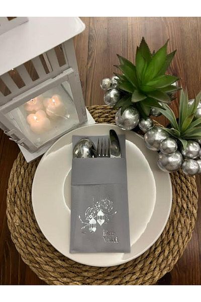 kidspartim Silver Gilded Fabric Textured Gray Pocket Napkin, 6 Pieces for Iftar Time