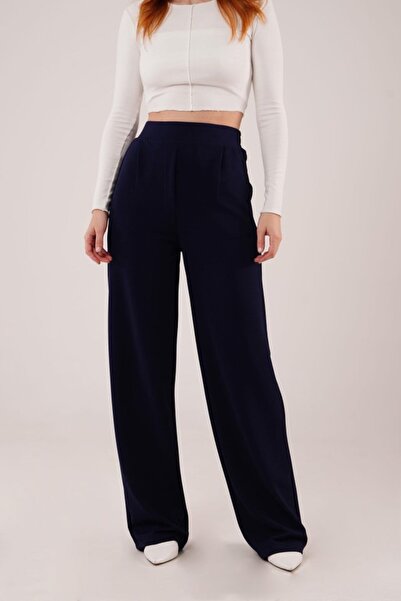 buğrahayalin High Waist Wide Leg Crepe Navy Blue Trousers