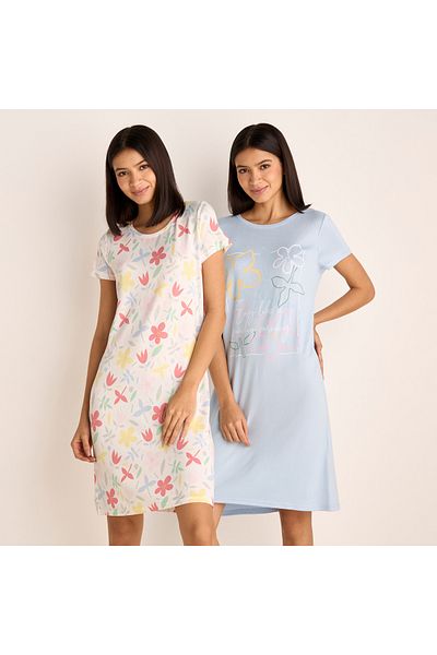 FAV Set of 2 - Floral Print Sleepshirt with Round Neck and Short Sleeves