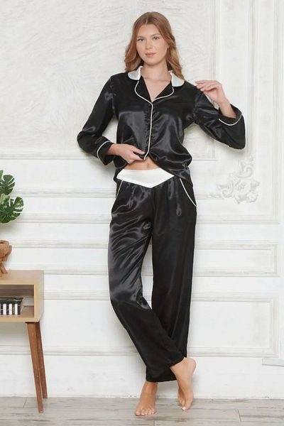 Angels Story Angel's Story 1201 Costum de pijama pentru femei din satin cu mâneci lungi-negru
