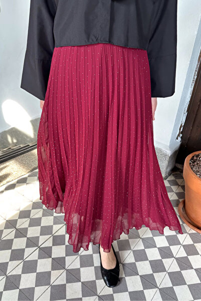 Ovn. Taşlı Piliseli Şifon Etek - Bordo