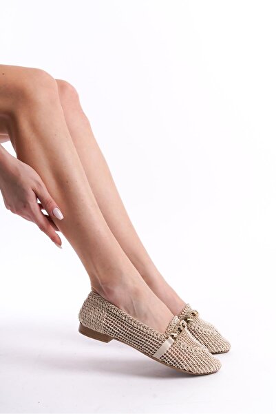 Bak Store Beige Knitted Chain Detailed Pointed Shape Flat Women's Ballerinas