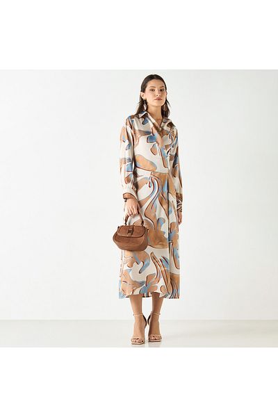 Iconic Iconic All-Over Print Collared Dress with Long Sleeves