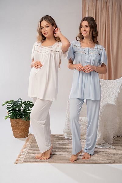 LOHOUSE Set de pijamale de maternitate pentru maternitate, albastru, cu design special țesut, 3 piese