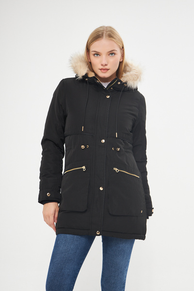 DYNAMO Palton gros cu glugă neagră pentru femei, cu căptușeală detașabilă de blană pe glugă 5565-1