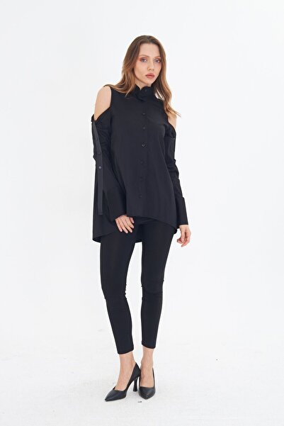 LAMANTE OMUZ DETAYLI SİYAH TASARIM GÖMLEK