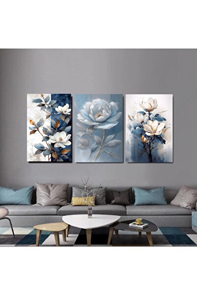 Tunax 3 LÜ MAVİ ÇİÇEK SET TABLO EV DUVAR SALON OFİS DÜKKAN HOL DEKARASYON SÜSÜ