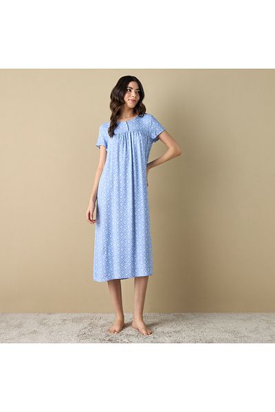 FAV All-Over Print Night Dress with Button Placket and Short Sleeves