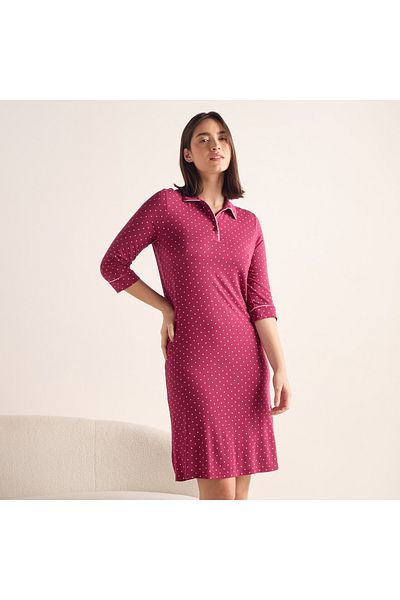 FAV Polka Dot Print Night Dress with Polo Collar and 3/4 Sleeves