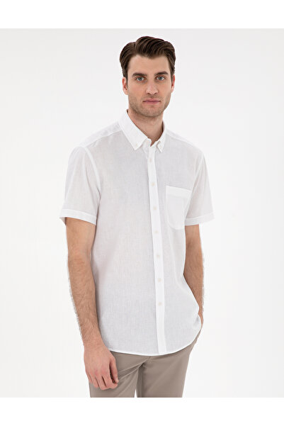 Pierre Cardin White Linen Blended Regular Fit Short Sleeve Shirt 50303418-Vr013