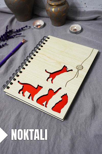 markcat Cat Patterned A5 Notebook with Wooden Cover - 120 Pages - Dotted - Ag...