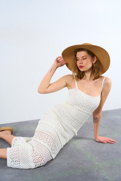 MRA Fashion Openwork Lined Dress - Ecru