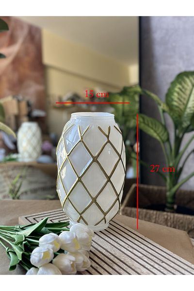 Kalya Concept Decorative White Glass Vase – Pineapple Patterned Gold Stripe (27X15 cm) Large Size |   Modern & Luxury Design