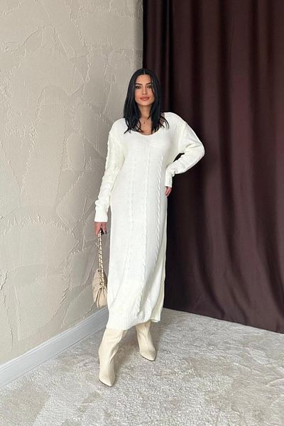 modaserdem White Belted Knitwear Dress