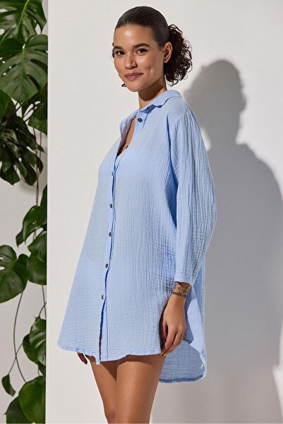 White By Nature Blue Muslin LonG Sleeve Women's Shirt