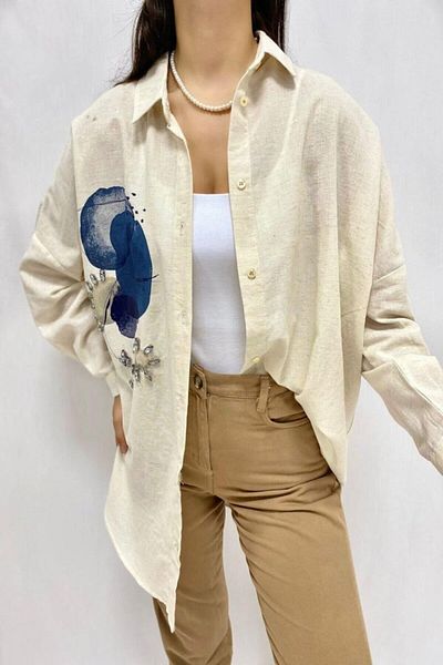 Simala Women's Beige Stone Embroidered Stylish Linen Shirt