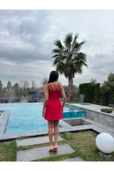 Stil Sepeti Women's Red V-Neck Gold Button Detailed Double Strap Mini Dress