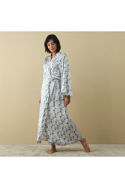FAV All-Over Floral Print Notch Lapel Robe with Tie-Up Belt