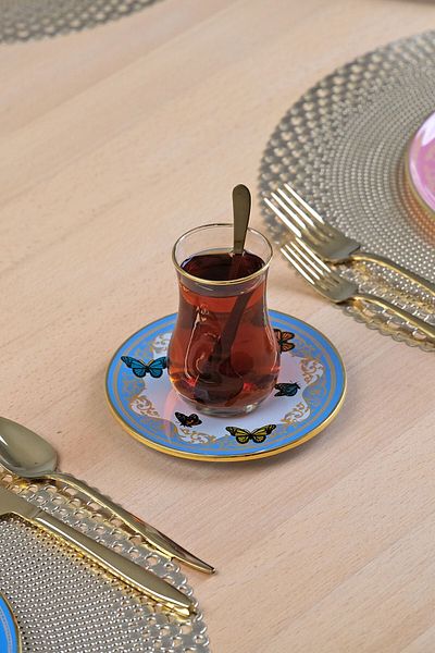 Glore Butterfly Effect Gold Gilded 12 Piece Glass Tea Set for 6 People