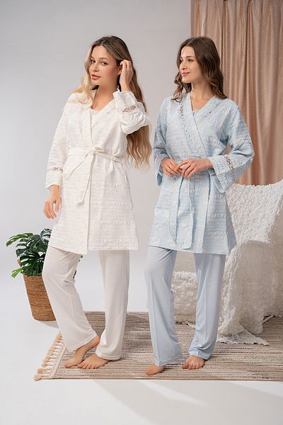 LOHOUSE Set de pijamale de maternitate pentru maternitate, albastru, cu design special țesut, 3 piese
