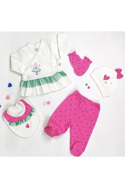 İmaj Pink Watermelon Patterned Baby Girl 5-Piece Hospital Release Comfortable Cotton Bodysuit Set (0-3 Months)