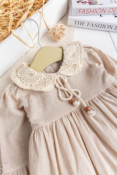 Babymod Lace Detailed Woven Fabric Beige Baby Girl Dress Stylish Special Occasion Dress