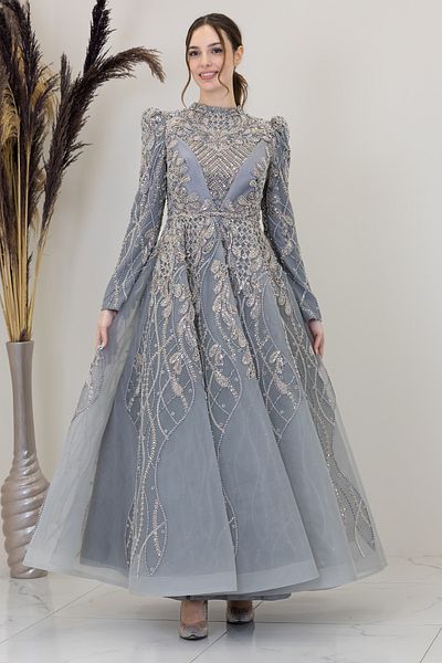 Surikka Applique Embroidered Leaf Evening Dress