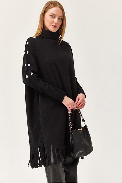 CALİENTE Button Detailed Tasseled Tunic Black
