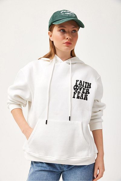 CALİENTE Oversize Hooded Kangaroo Pocket Sweatshirt White