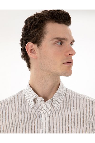 Pierre Cardin Χακί ριγέ Slim Fit μακρυμάνικο πουκάμισο 50304595-VR027