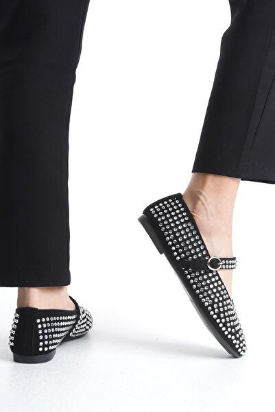 Bak Store Black Stone Women's Ballerinas Adjustable Straps Lightweight Comfortable Stylish Work Office Casual Shoes