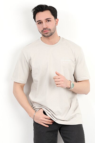 JB John Borners Ανδρικό μπλουζάκι με λαιμόκοψη μάρκας εμπριμέ 100% βαμβακερό μπεζ - 2271-2