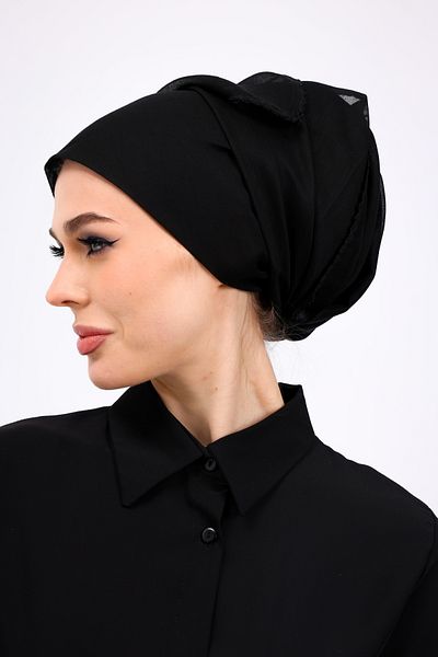 Loggia Inner Hijab 100% Cotton Black Embroidered Edges 90X90 cm Cheesecloth Women's Hijab Writing Hijab