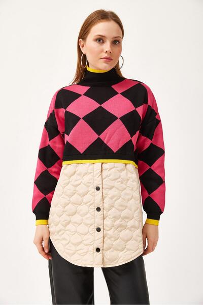 CALİENTE Quilted Plaid Knitwear Sweater Fuchsia