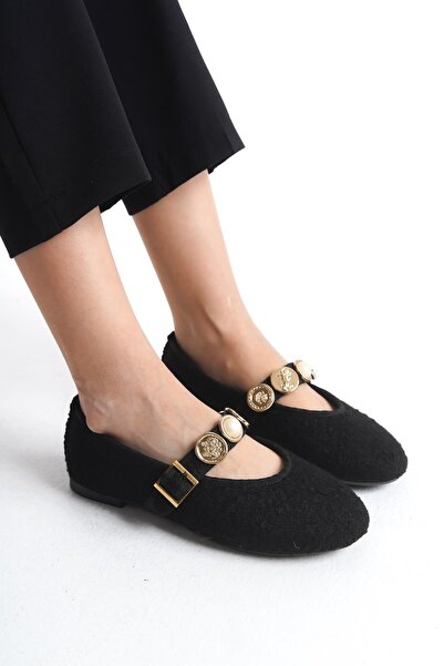 Bak Store Black Tweed Women's Ballerina Ballerina Pearl Buckle Adjustable Strap Lightweight Comfortable Stylish Business Office Casual Shoes