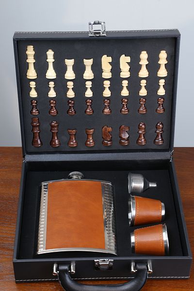 imsaconcept Brown Leather Flask with 2 Shot Glasses, Chess and Funnel Anniversary Gift for Lover